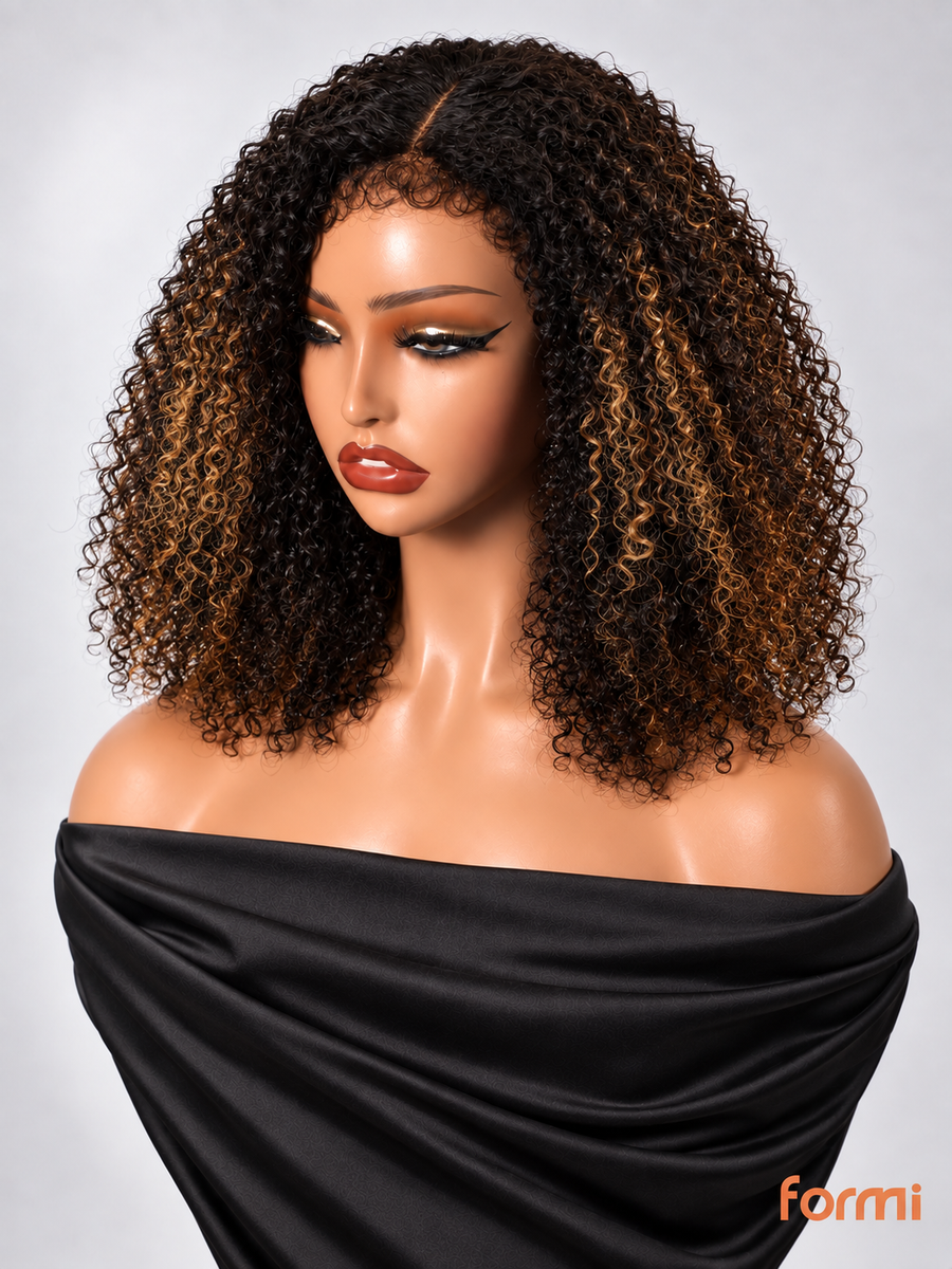 Espresso Brown Highlight Afro Curly Human Hair Wig | HD Lace