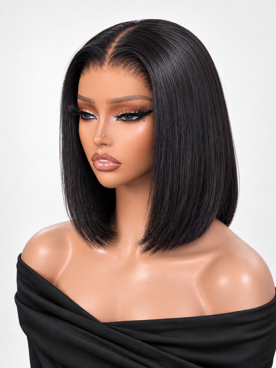 FORMI natural black 13x4 lace front straight bob human hair wig with center part.