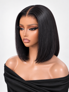 FORMI natural black 13x4 lace front straight bob human hair wig with center part.