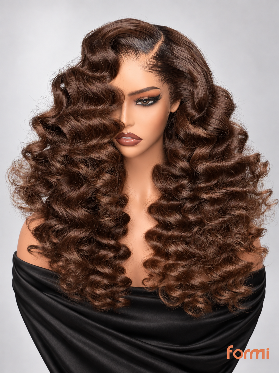 Front view of chocolate brown bouncy spiral curl human hair HD lace wig