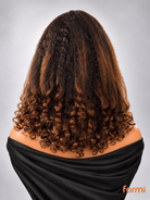Chocolate brown kinky straight wig with copper highlights and spiral-curled ends back view