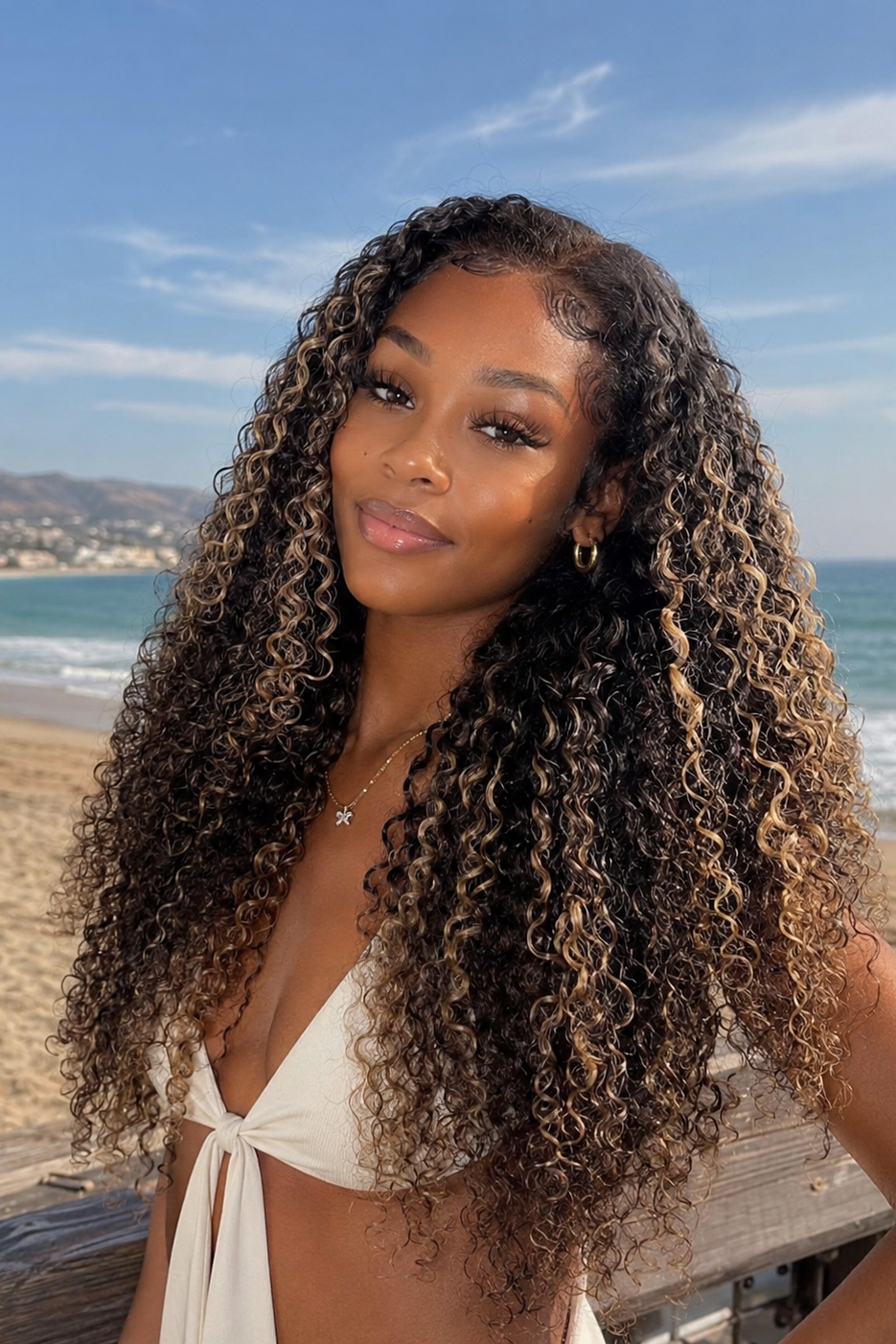 Woman wearing a brown highlight curly human hair wig with natural curls and glueless wear and go style