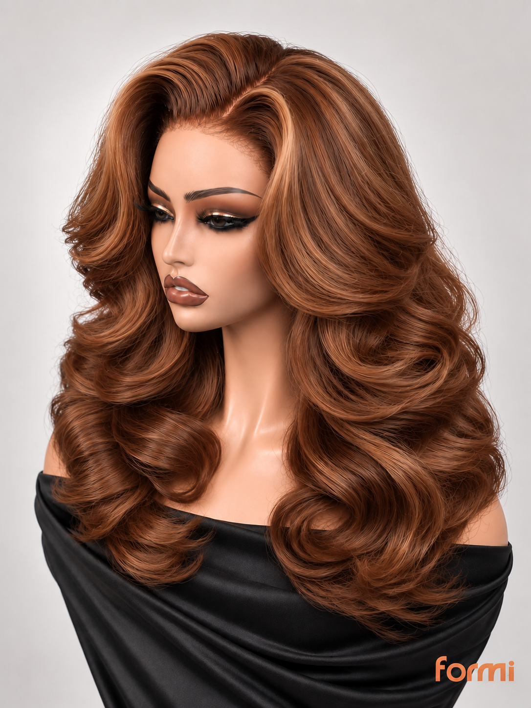 #30 copper brown deep side part layered body wave human hair wig, front view