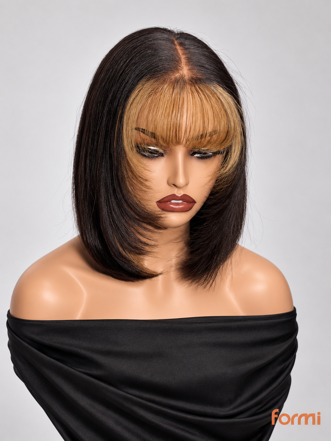 #1B natural black bob human hair wig with #27 honey blonde bangs, 12 inch front view