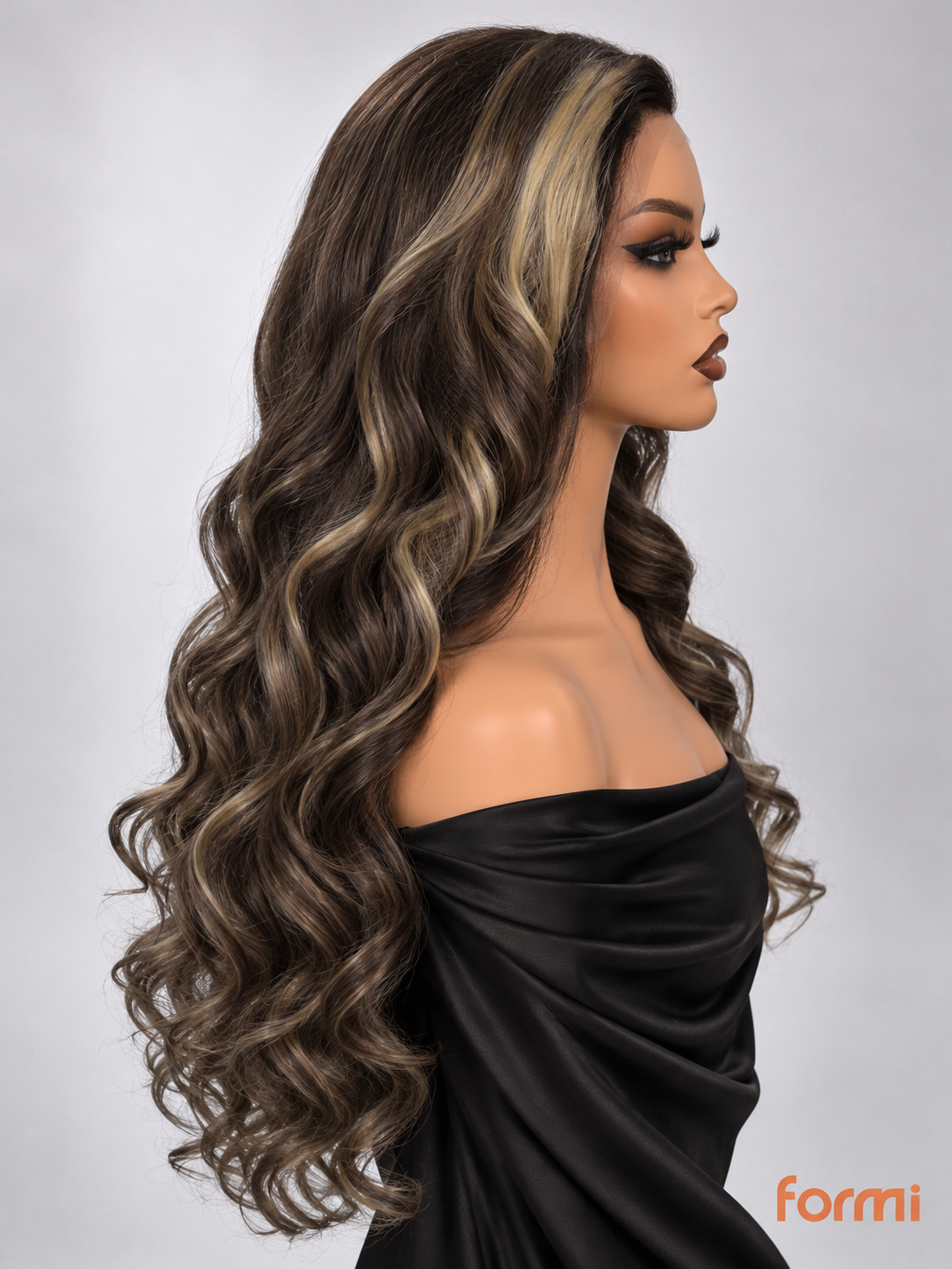 Chocolate brown spiral curly wig styled on model