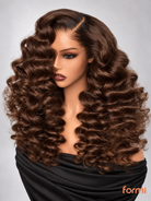 Three-quarter view of glueless chocolate brown spiral curl human hair wig