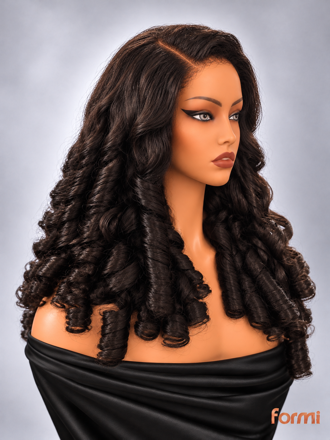 Right angle view of espresso brown spiral curl human hair lace front wig with deep side part
