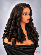 Right angle view of espresso brown spiral curl human hair lace front wig with deep side part
