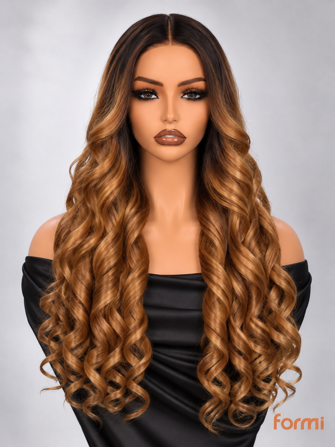 Dark root honey caramel ombre spiral curl lace front wig front view