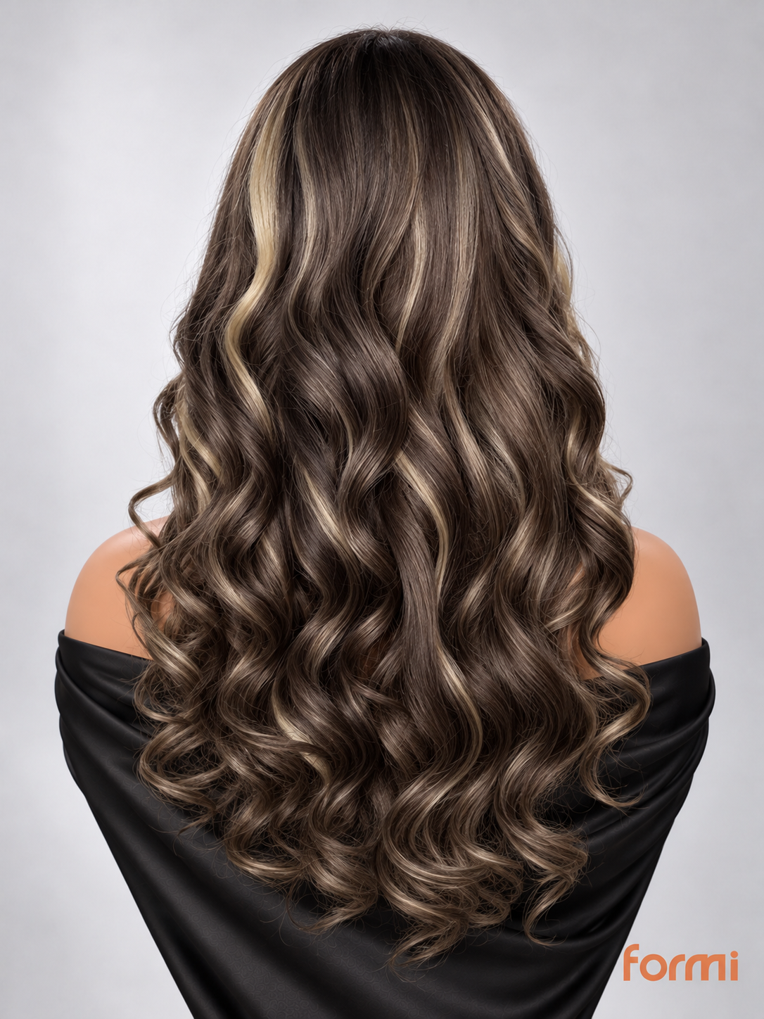 Chocolate brown curly wig with soft wispy bangs detail