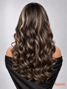 Chocolate brown curly wig with soft wispy bangs detail
