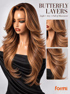 Butterfly layer detail on glueless honey blonde highlight lace front wig