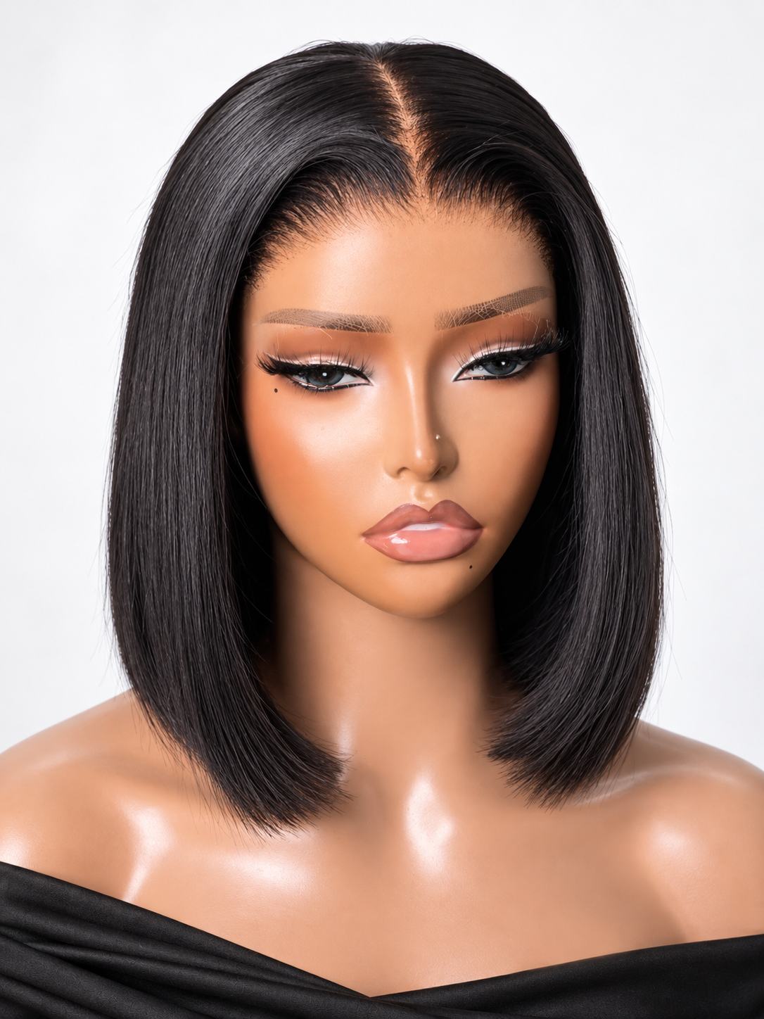 FORMI natural black 13x4 lace front straight bob human hair wig with center part.