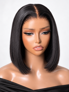 FORMI natural black 13x4 lace front straight bob human hair wig with center part.