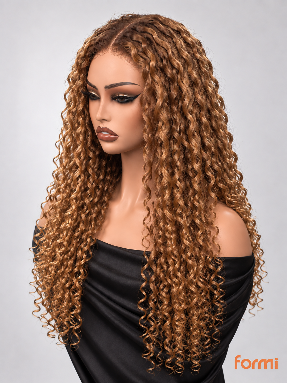 #27 honey blonde deep side part spiral curly human hair wig front view