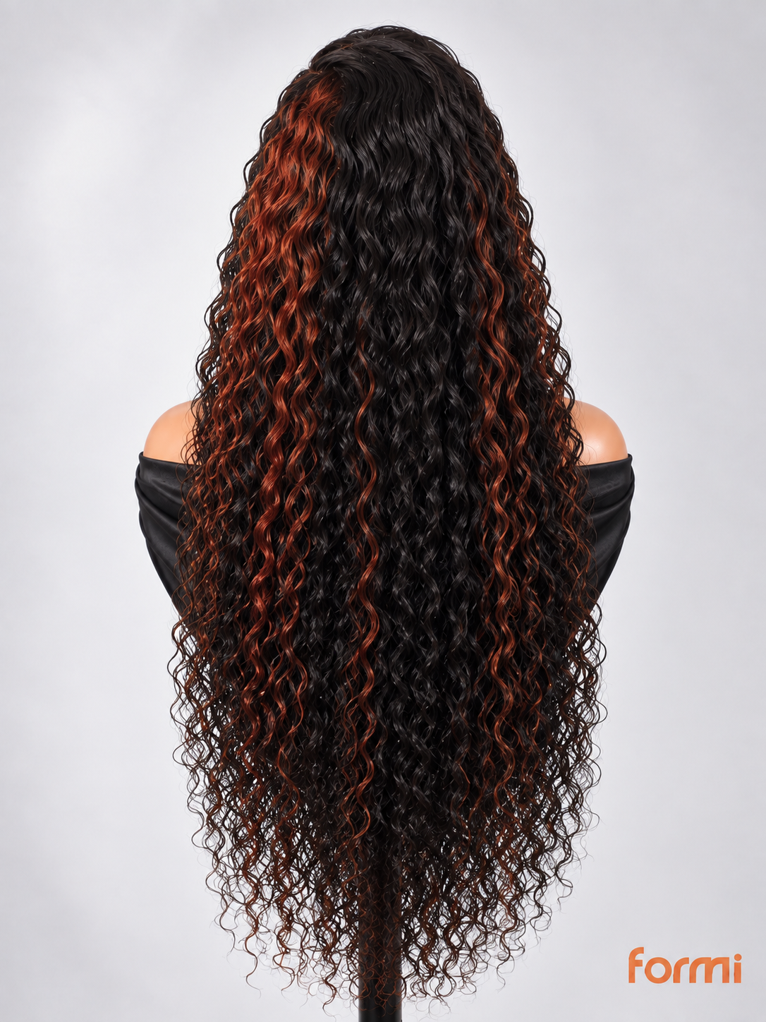 Back view of long #1B/350 highlighted Water Wave human hair wig