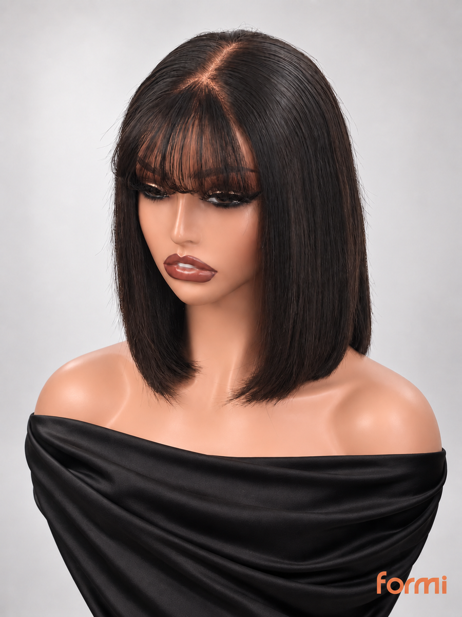 Natural Black Straight Bob Human Hair Wig with Wispy Bangs