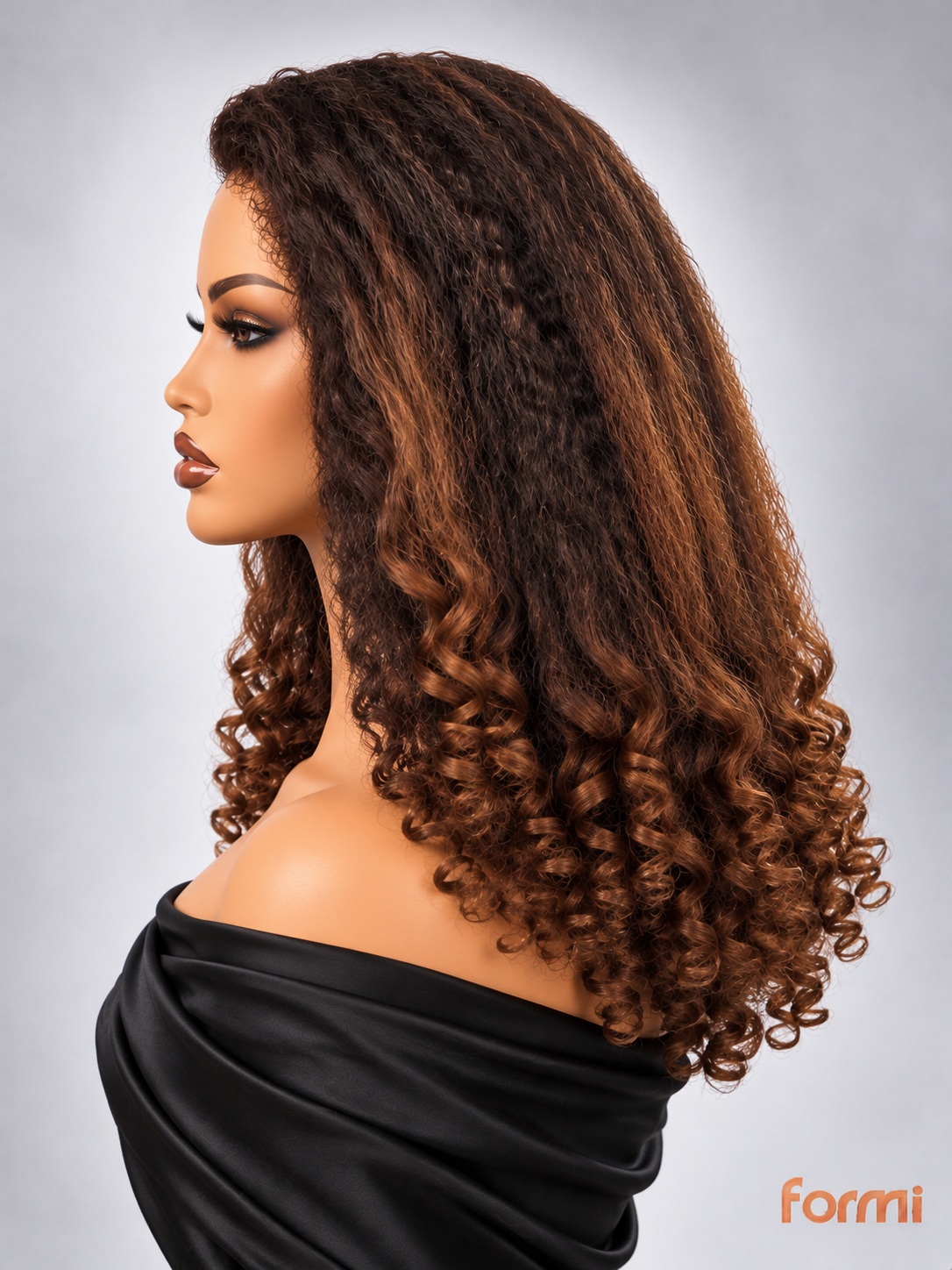 Deep side part chocolate brown highlighted human hair wig left profile view