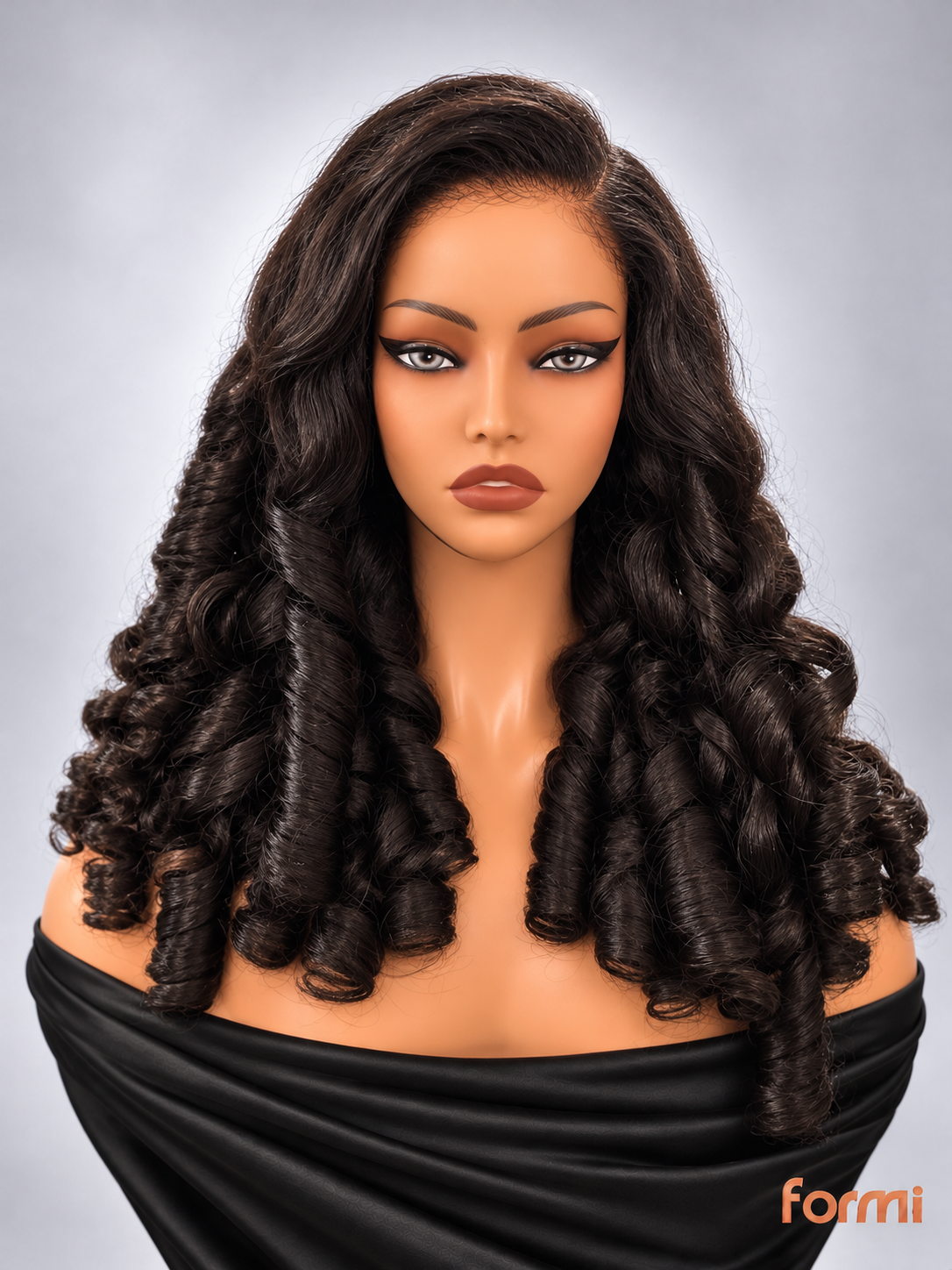 Front view of FORMI glueless espresso brown deep side part spiral curl human hair lace front wig