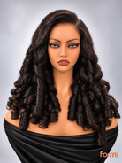 Front view of FORMI glueless espresso brown deep side part spiral curl human hair lace front wig