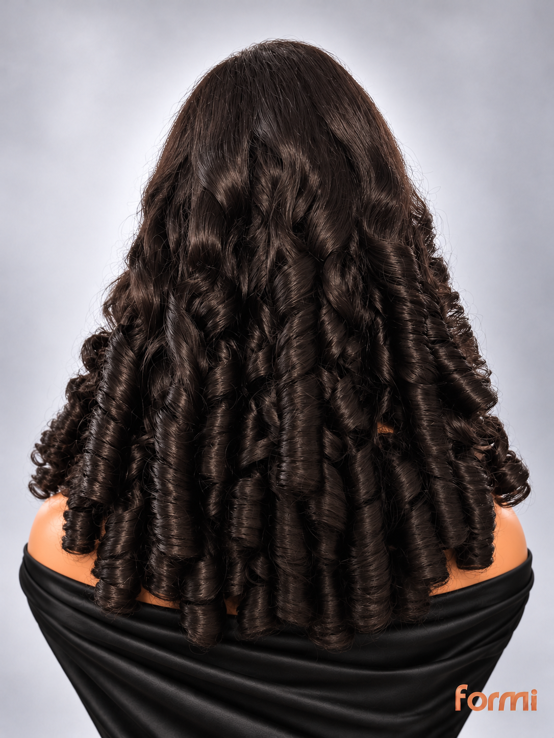 Back view showing full defined spiral curls on espresso brown human hair wig