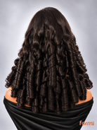 Back view showing full defined spiral curls on espresso brown human hair wig