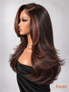 Side view of deep side part espresso brown caramel highlight HD lace wig