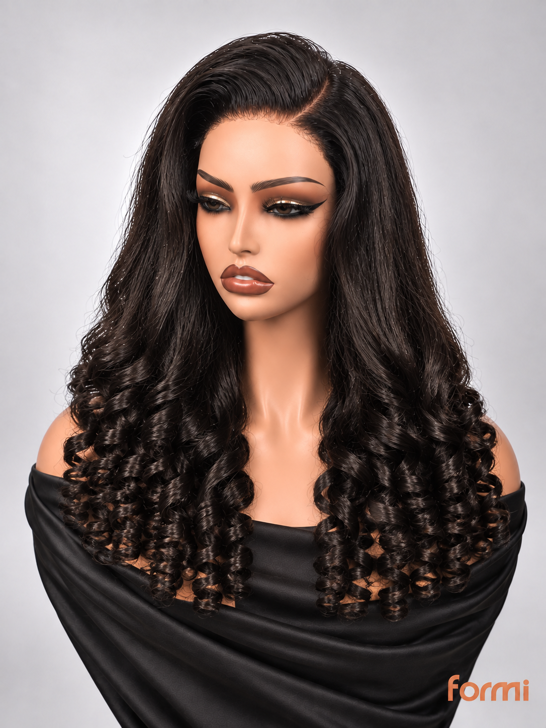 Front view of FORMI natural black deep side part spiral curl human hair lace front wig