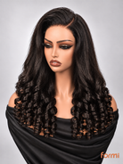 Front view of FORMI natural black deep side part spiral curl human hair lace front wig