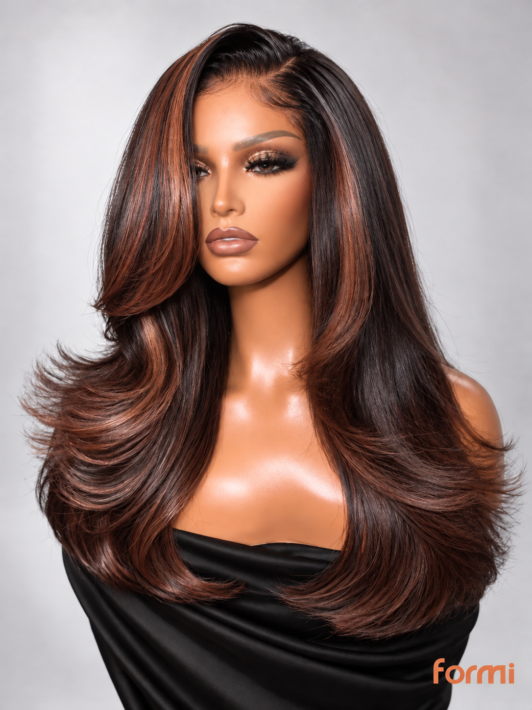 Front view of espresso brown caramel highlight layered body wave HD lace wig