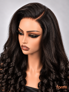 Defined spiral curl texture detail on natural black human hair wig