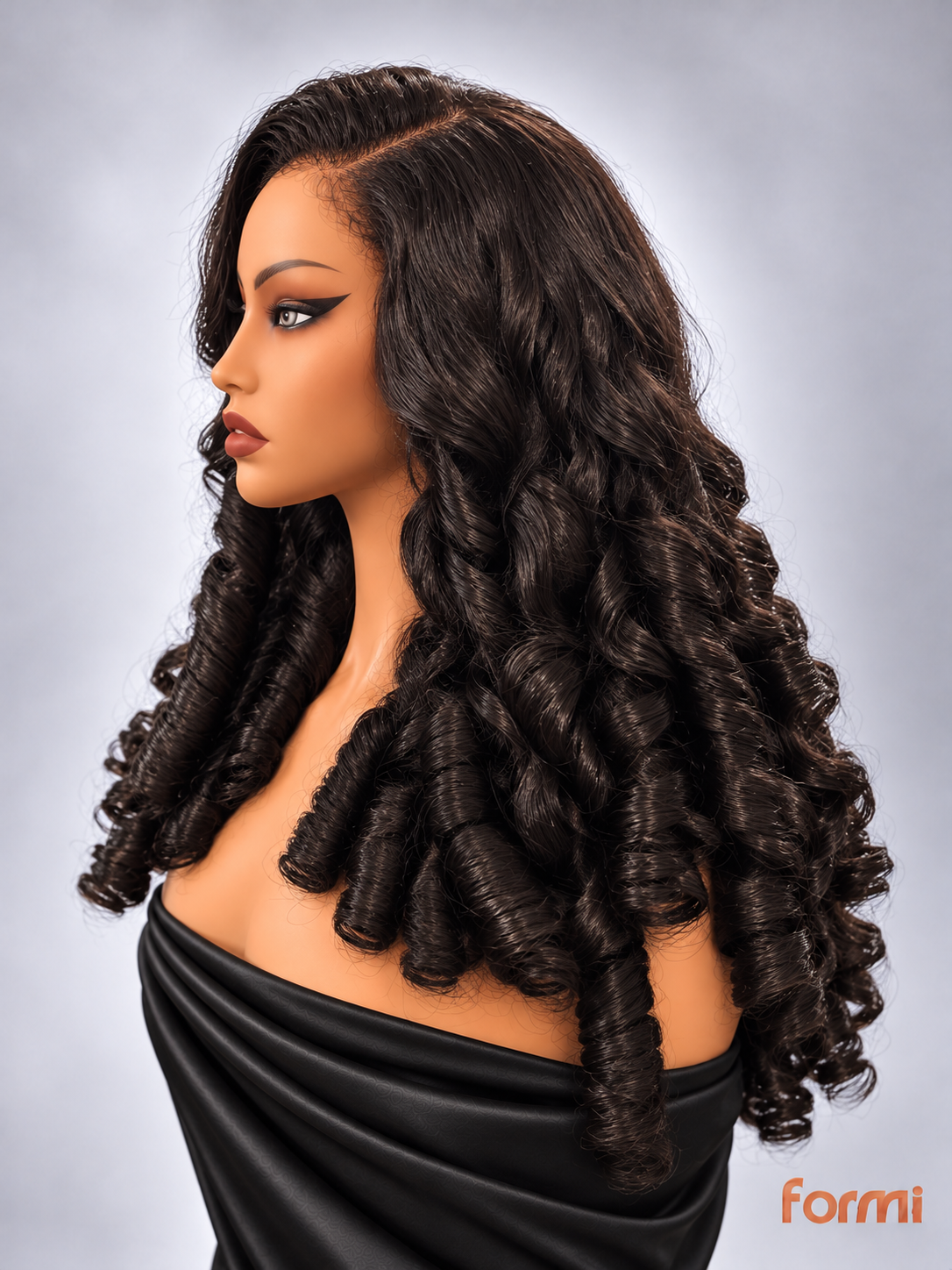 Left profile view of glueless dark chocolate brown spiral curl lace front wig