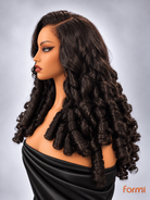 Left profile view of glueless dark chocolate brown spiral curl lace front wig
