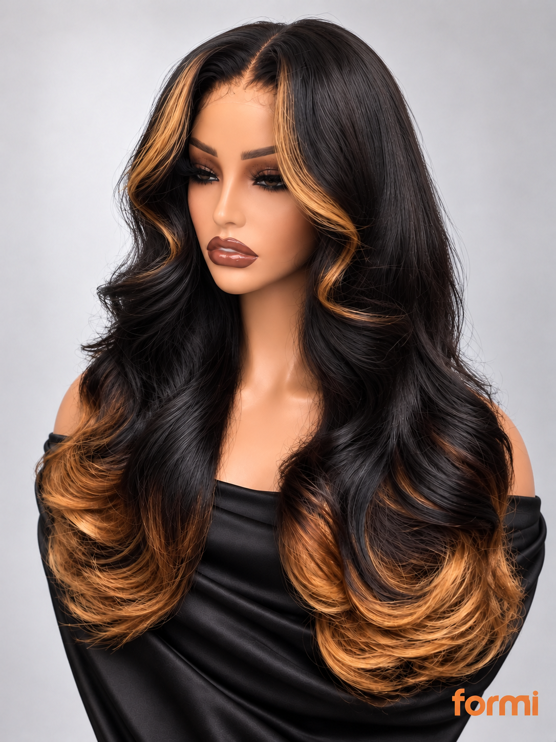 Front view of black and honey blonde balayage layered body wave human hair HD lace wig