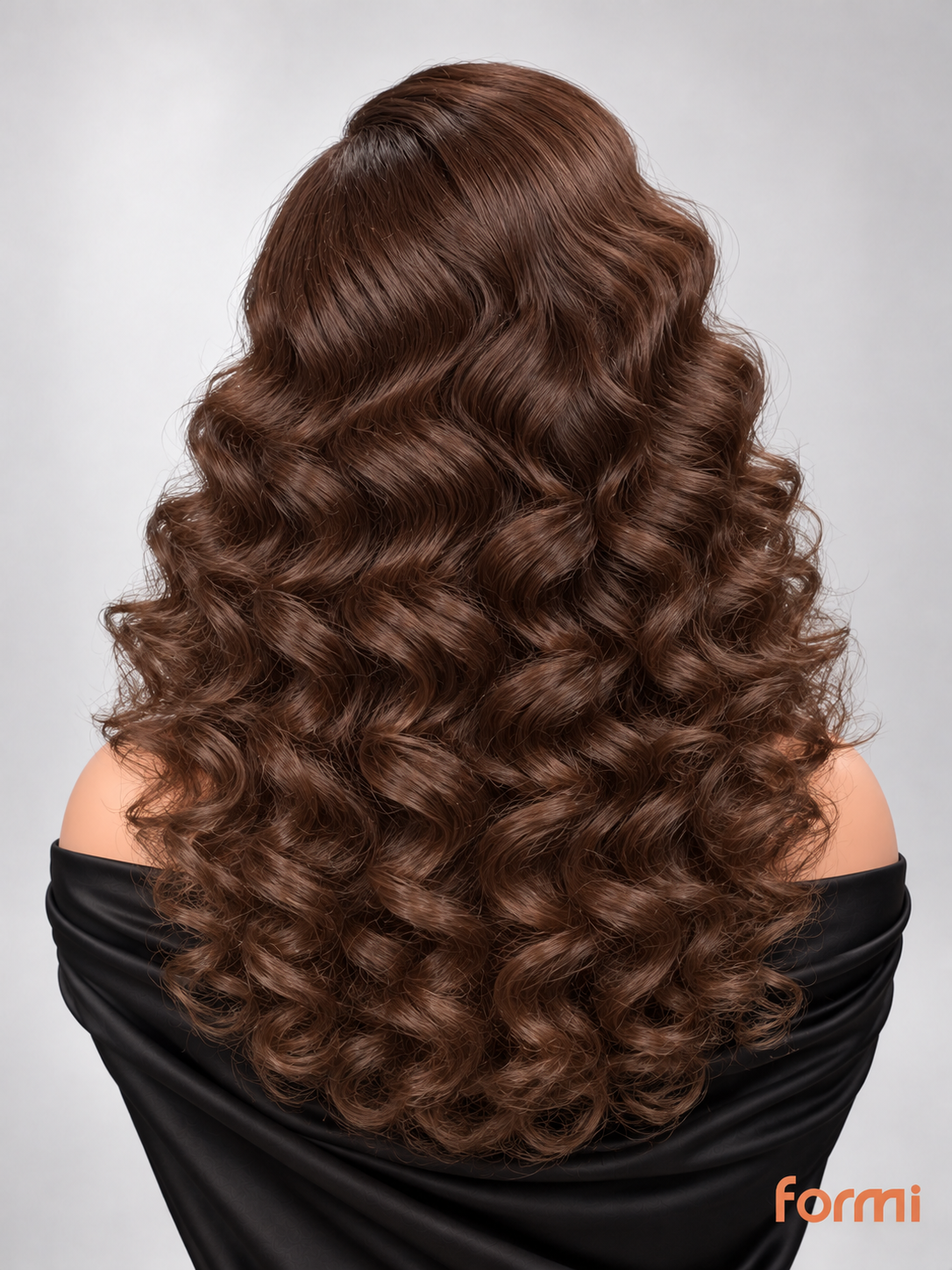 Back view of chocolate brown spiral curl human hair wig with full volume