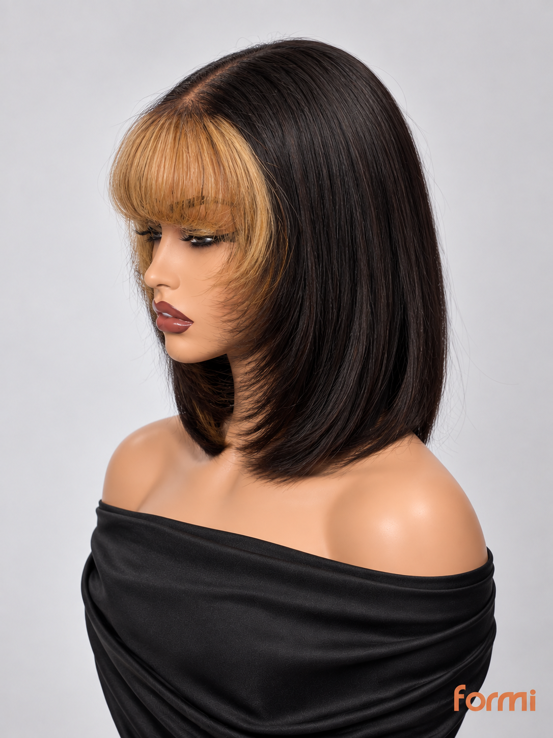 Short human hair bob wig in #1B with face-framing #27 bangs