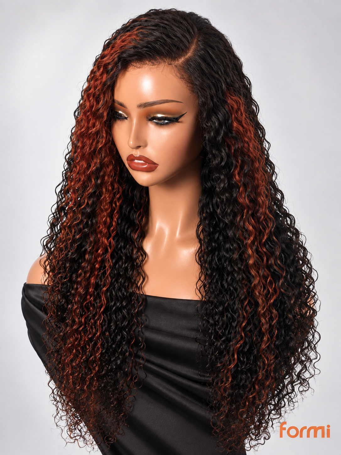 Front view of FORMI glueless #1B/350 copper highlight Water Wave human hair lace front wig