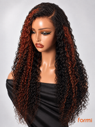 Front view of FORMI glueless #1B/350 copper highlight Water Wave human hair lace front wig