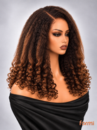 Chocolate brown copper highlight glueless lace front wig angled front view