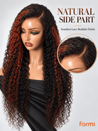 Deep side part and natural lace hairline detail on #1B/350 Water Wave wig