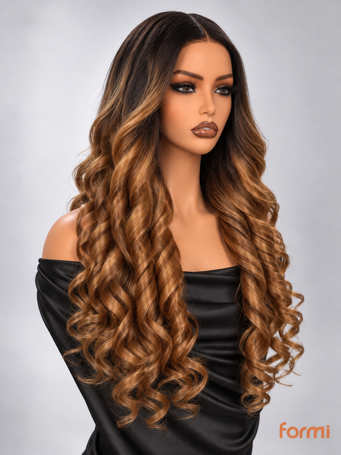 Long dark root honey caramel ombre curly wig back view