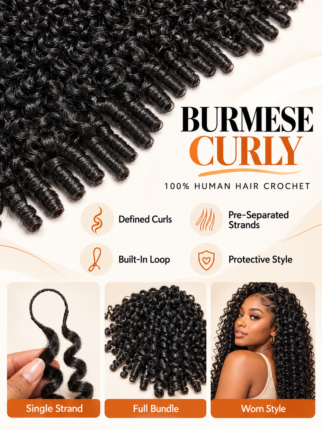 Natural Black Burmese Curly Human Crochet Hair Extensions