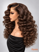 Side view of chocolate brown deep side part bouncy curl HD lace wig