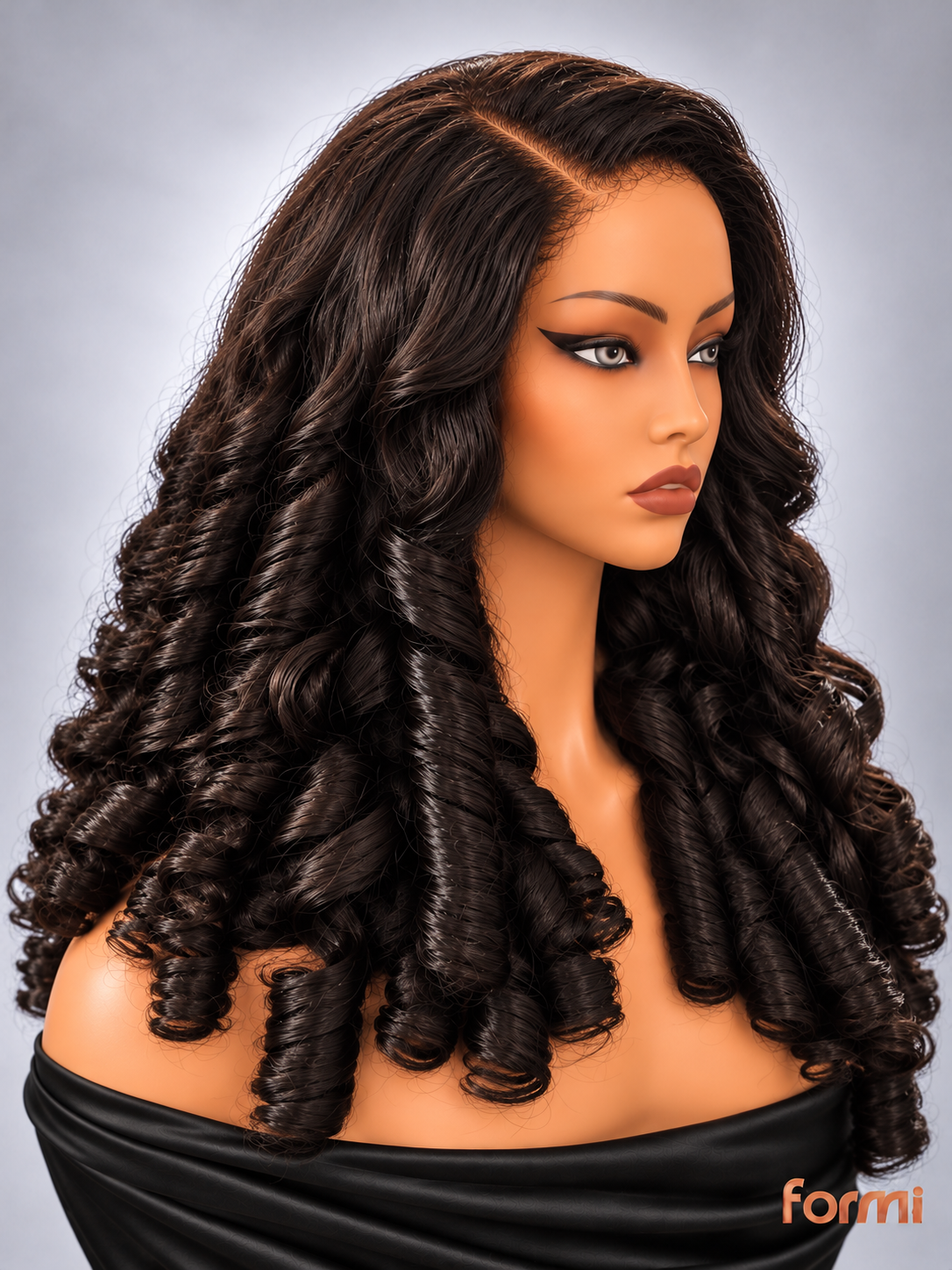 Three-quarter view of FORMI espresso brown deep side part spiral curl human hair wig