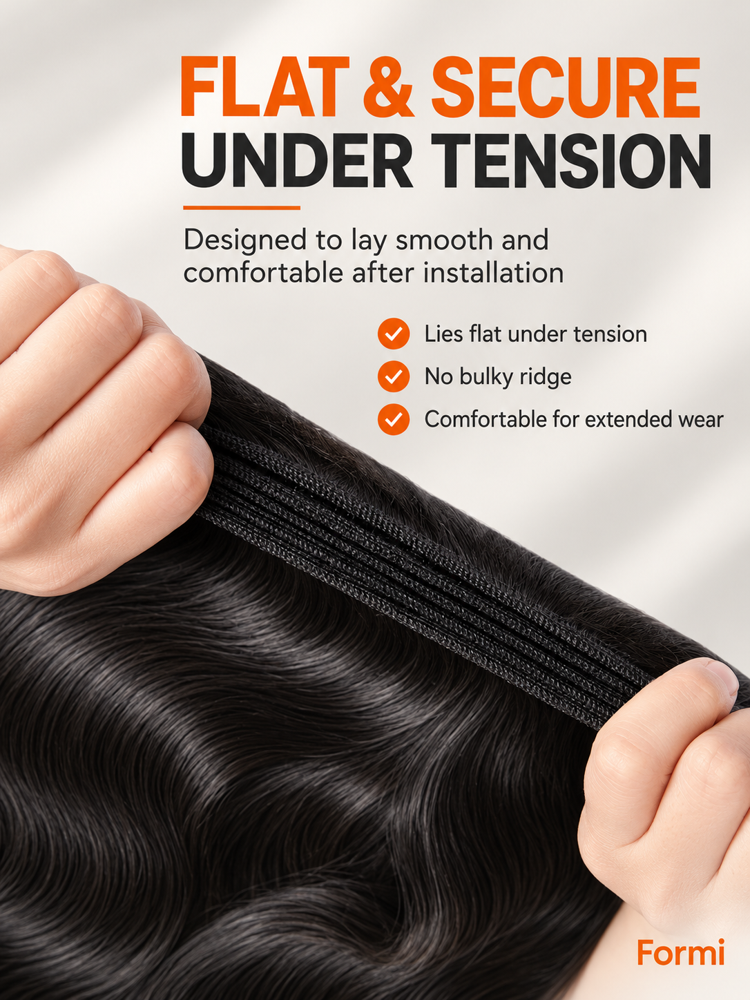 FORMI Natural Black bundle detail showing a flat, secure weft under tension