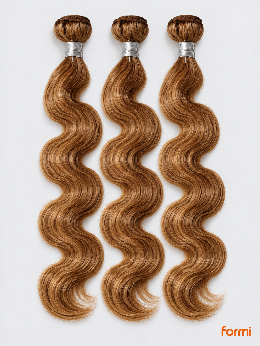 Three #27 honey blonde body wave human hair bundles with silver wraps on a pale gray background.