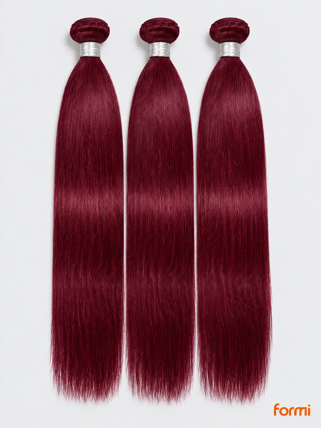 Three burgundy straight human hair bundles with silver wraps on a pale gray background.