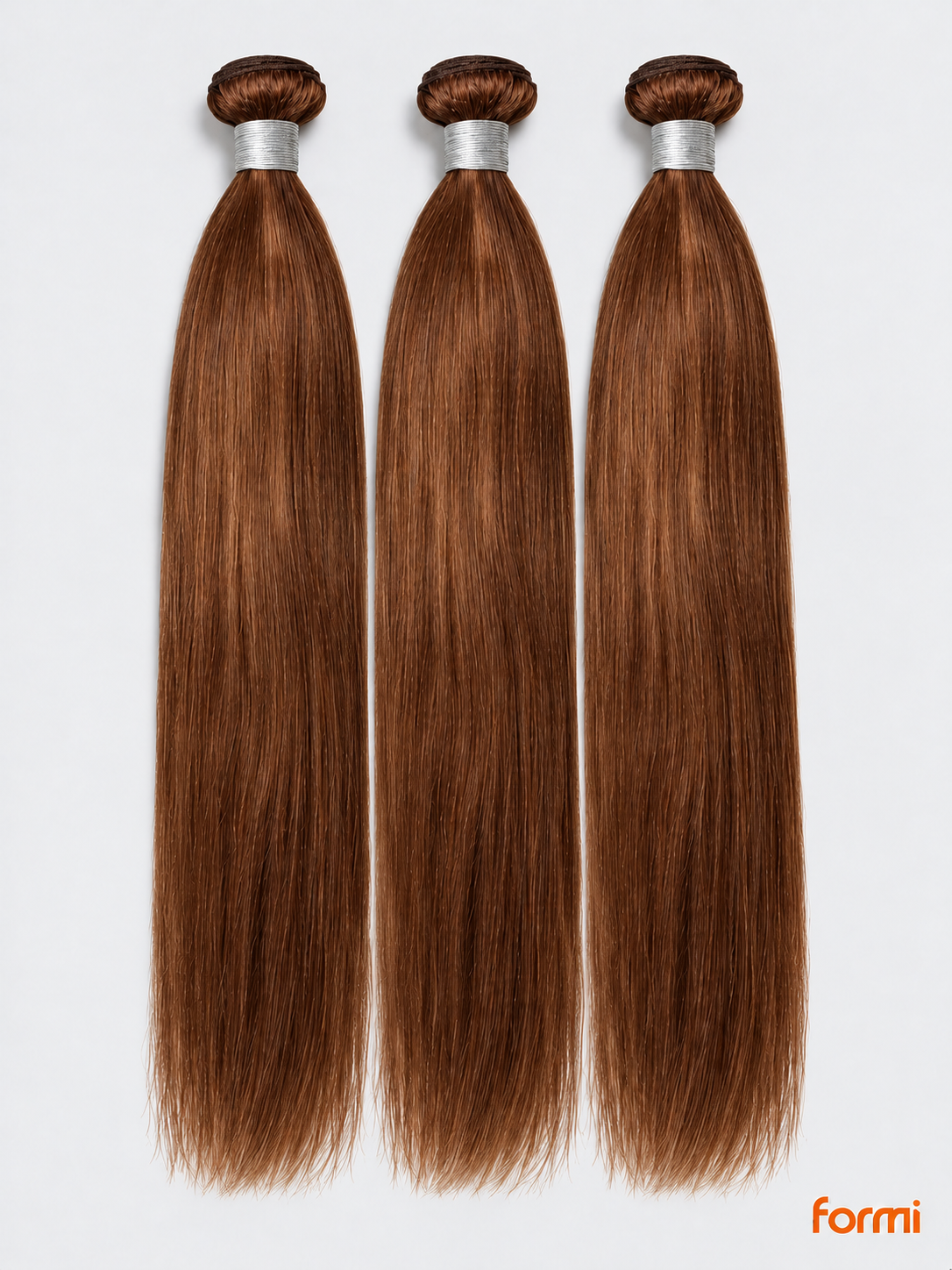 Three #30 auburn straight human hair bundles with silver wraps on a pale gray background.
