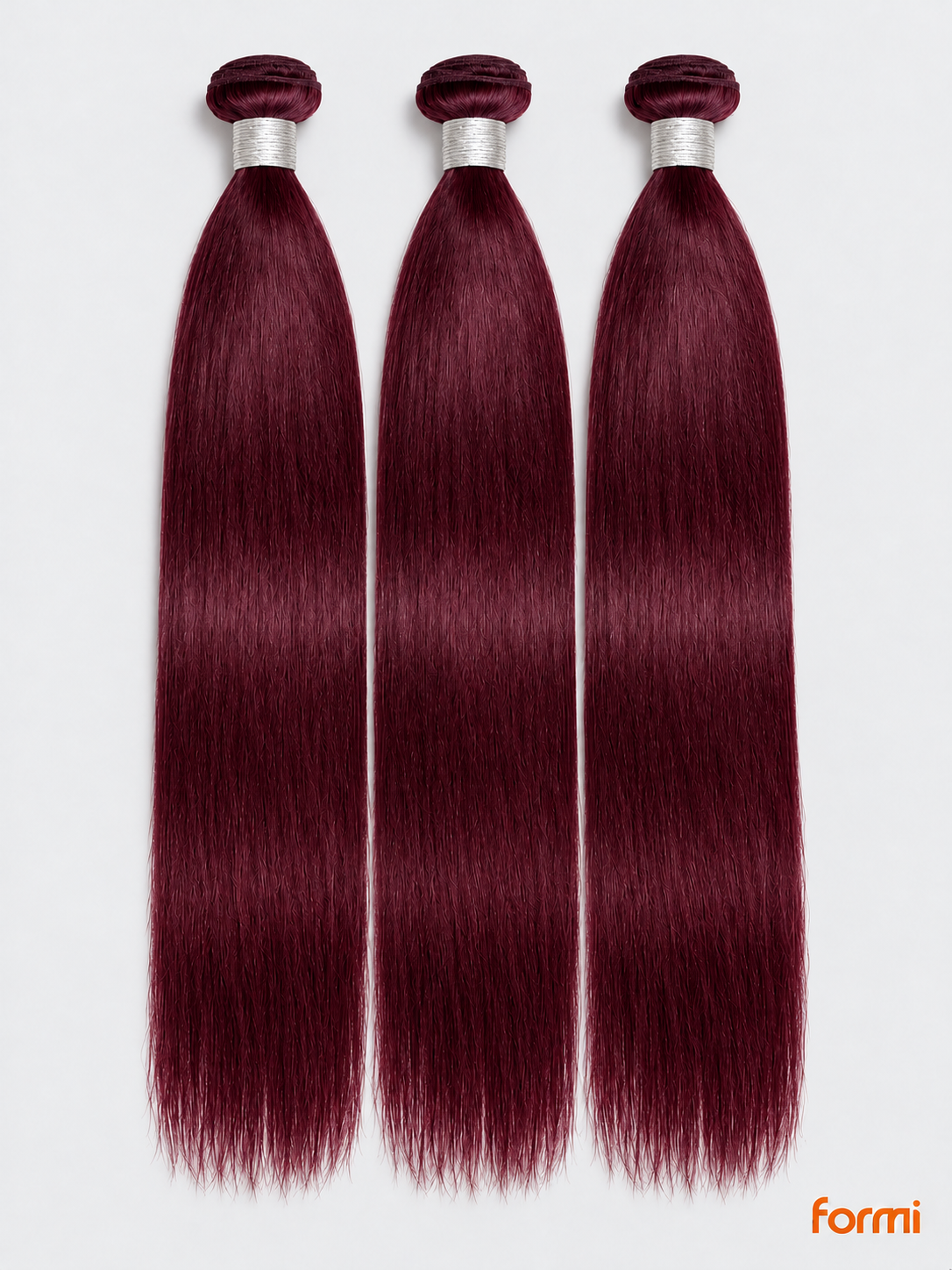 Three 99J burgundy straight human hair bundles with silver wraps on a pale gray background.