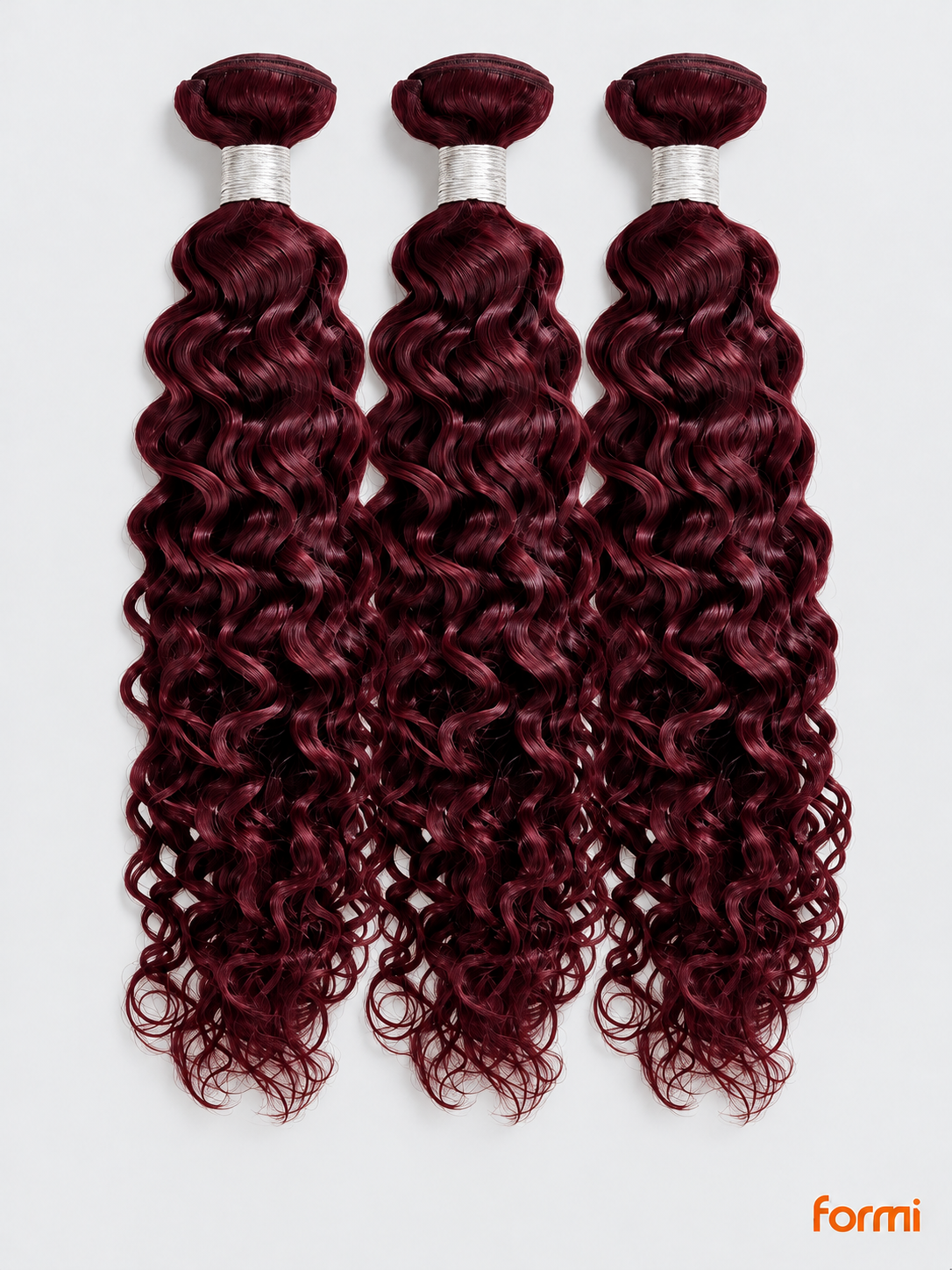 Three 99J burgundy water wave human hair bundles with silver wraps on a pale gray background.